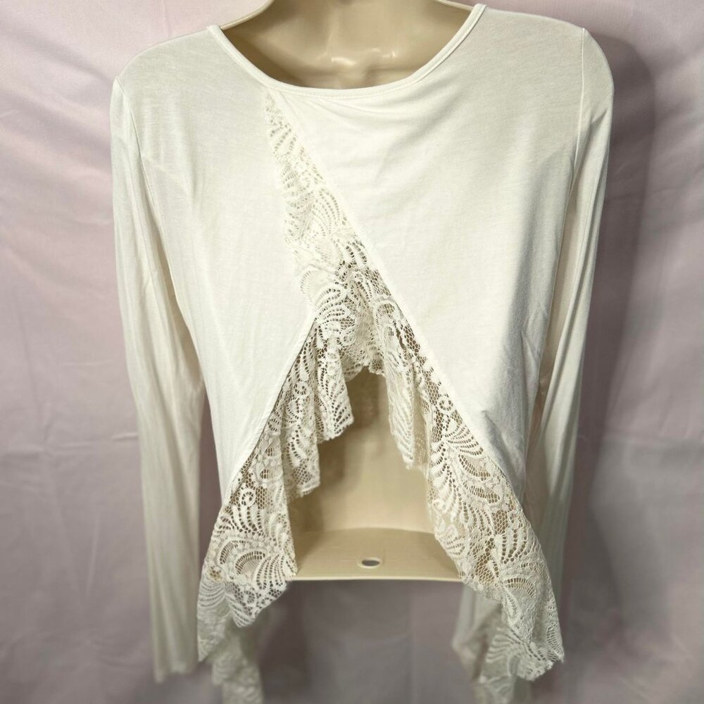 Women's White Long-Sleeve Top with Lace Backing Crossed Cut Split